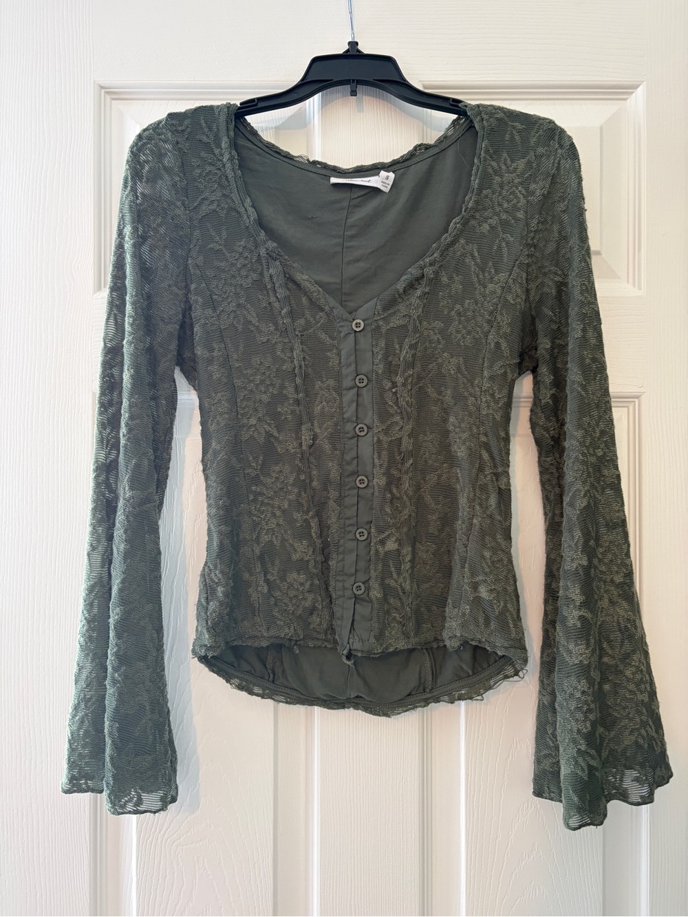 Women's Olive Lace Button-Front Long Sleeve Top